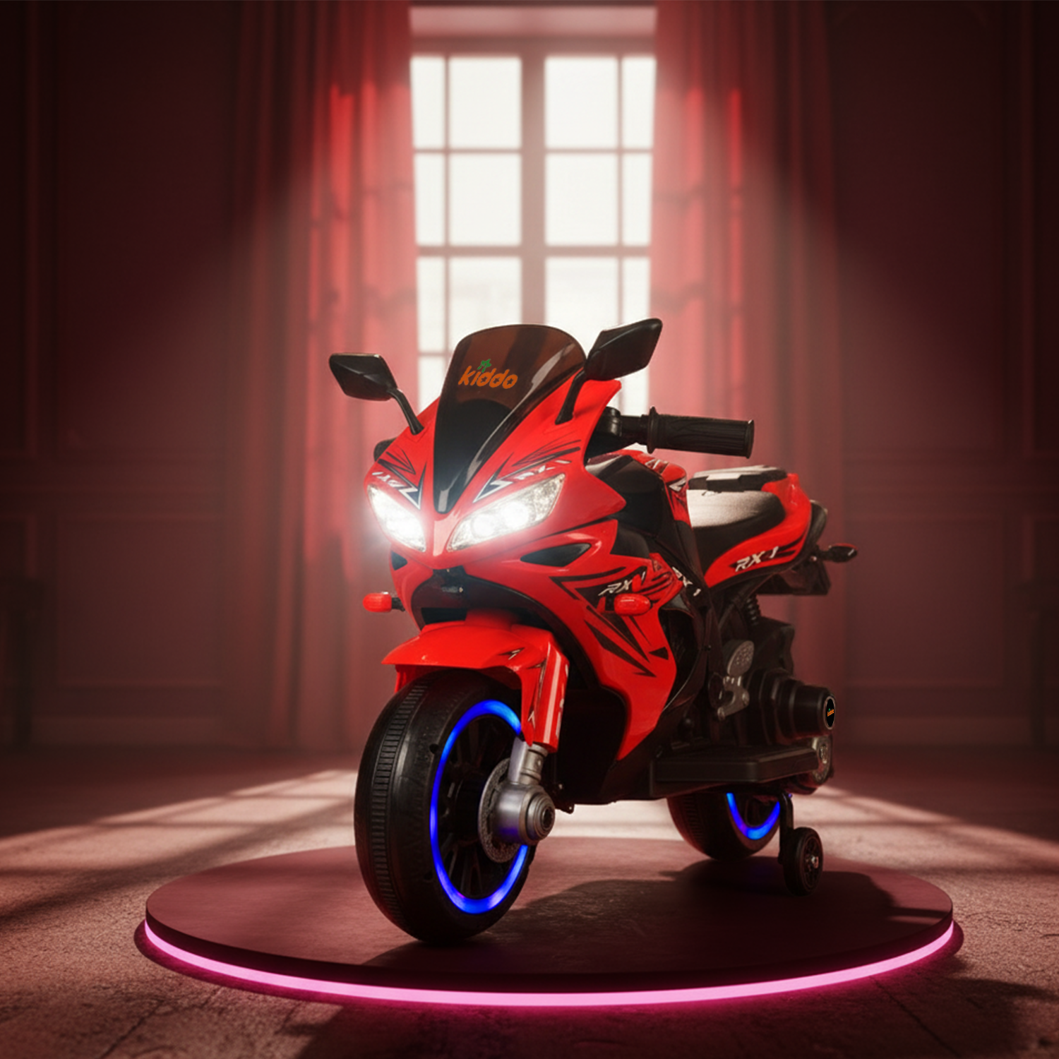 KIDDO Kids Electric Ride-On Sports Bike with LED Lights, Music & Training Wheels (Red)