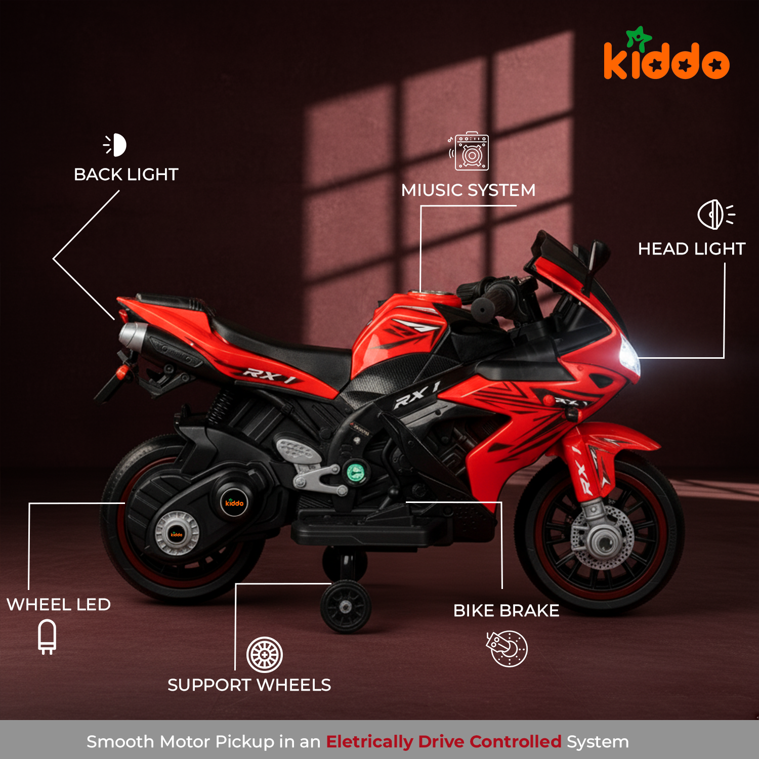 KIDDO Kids Electric Ride-On Sports Bike with LED Lights, Music & Training Wheels (Red)