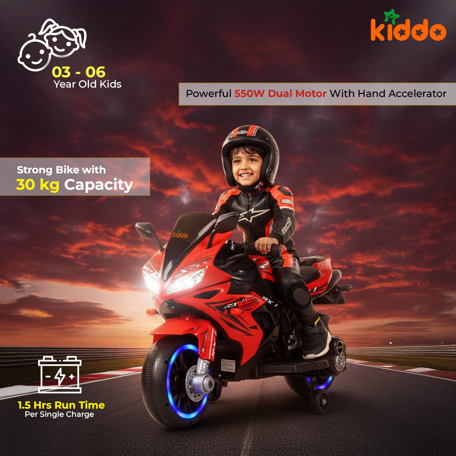 KIDDO Kids Electric Ride-On Sports Bike with LED Lights, Music & Training Wheels (Red)