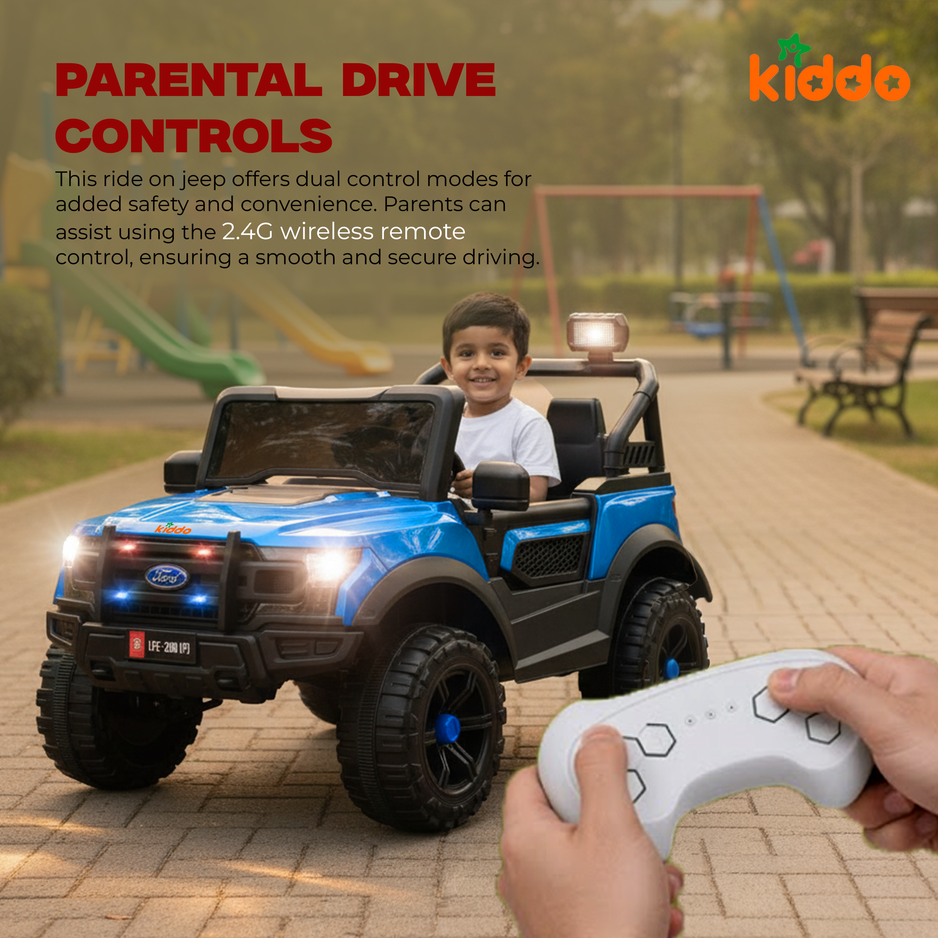 KIDDO Remote Control Ride-On Commando Jeep for Kids LED Lights & Smooth Drive (Blue 21J)