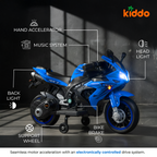 KIDDO Kids Electric Ride-On Sports Bike with LED Lights, Music & Training Wheels (Blue)