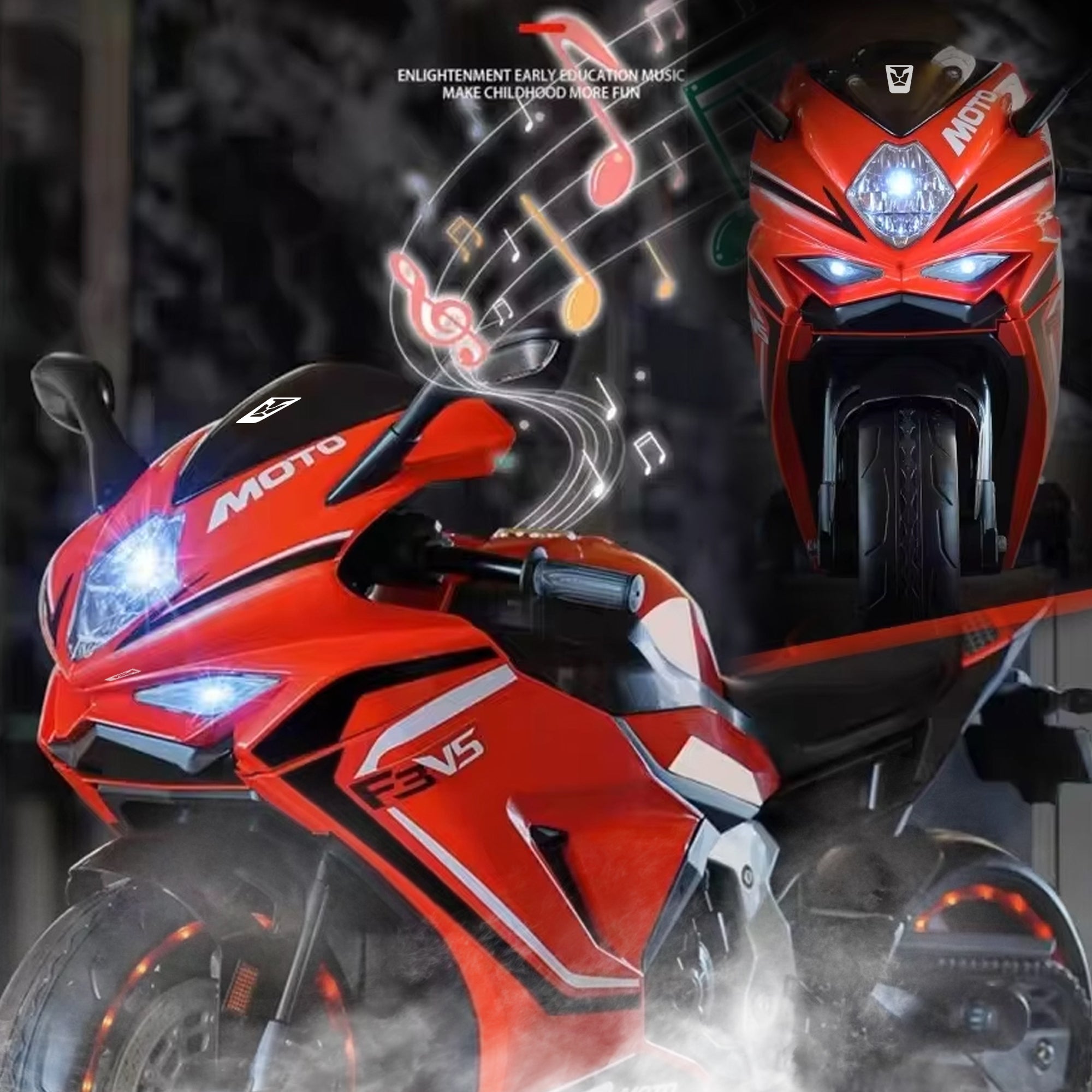 Kiddo Brutale F5 RR Bike, Biggest Bike, 12V/8AH Battery, 45W Two Motors, Hand Accelerator, USB/MP3, English Rhymes,  LED Lit Wheels, English Music, BIS Certified, White, 3 to12 Years