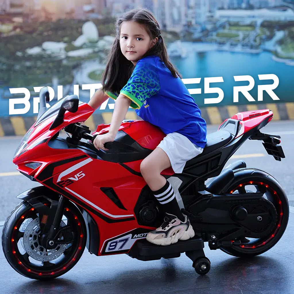 Kiddo Brutale F5 RR Bike, Biggest Bike, 12V/8AH Battery, 45W Two Motors, Hand Accelerator, USB/MP3, English Rhymes,  LED Lit Wheels, English Music, BIS Certified, White, 3 to12 Years