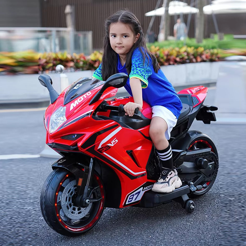 Kiddo Brutale F5 RR Bike, Biggest Bike, 12V/8AH Battery, 45W Two Motors, Hand Accelerator, USB/MP3, English Rhymes,  LED Lit Wheels, English Music, BIS Certified, White, 3 to12 Years