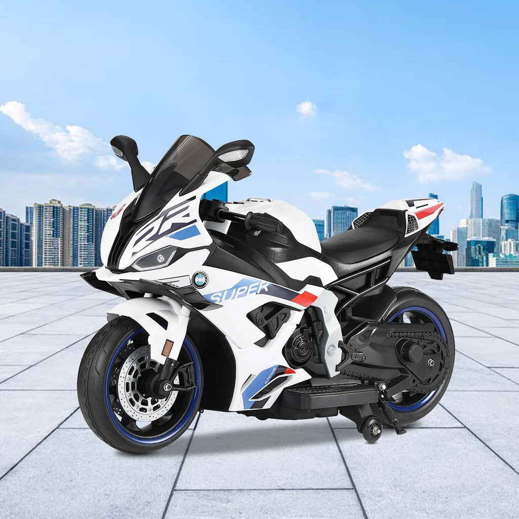 Kiddo Motorand Super Bike, Biggest Bike, 12V/8AH Battery, 45W Two Motors, Hand Accelerator, USB/MP3, English Rhymes,  LED Lit Wheels, English Music, BIS Certified, White, 3 to 12 Years