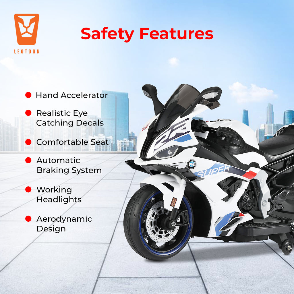 Kiddo Motorand Super Bike, Biggest Bike, 12V/8AH Battery, 45W Two Motors, Hand Accelerator, USB/MP3, English Rhymes,  LED Lit Wheels, English Music, BIS Certified, White, 3 to 12 Years