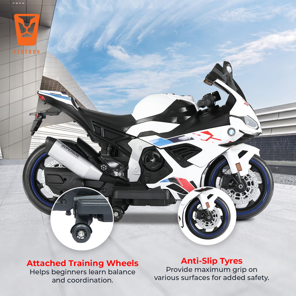 Kiddo Motorand Super Bike, Biggest Bike, 12V/8AH Battery, 45W Two Motors, Hand Accelerator, USB/MP3, English Rhymes,  LED Lit Wheels, English Music, BIS Certified, White, 3 to 12 Years