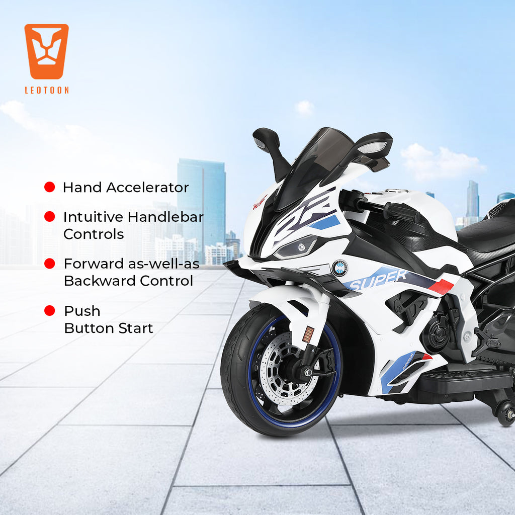 Kiddo Motorand Super Bike, Biggest Bike, 12V/8AH Battery, 45W Two Motors, Hand Accelerator, USB/MP3, English Rhymes,  LED Lit Wheels, English Music, BIS Certified, White, 3 to 12 Years