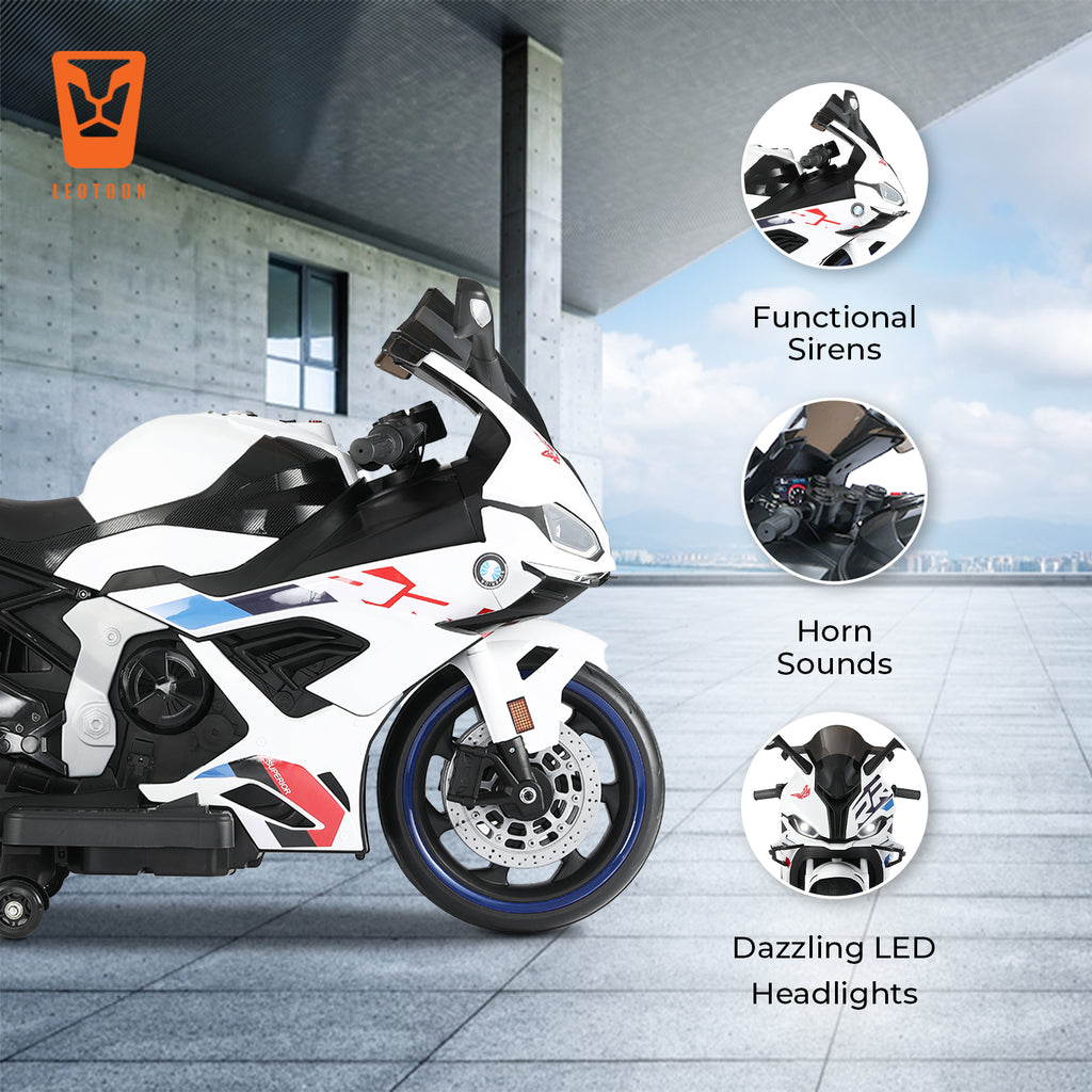 Kiddo Motorand Super Bike, Biggest Bike, 12V/8AH Battery, 45W Two Motors, Hand Accelerator, USB/MP3, English Rhymes,  LED Lit Wheels, English Music, BIS Certified, White, 3 to 12 Years