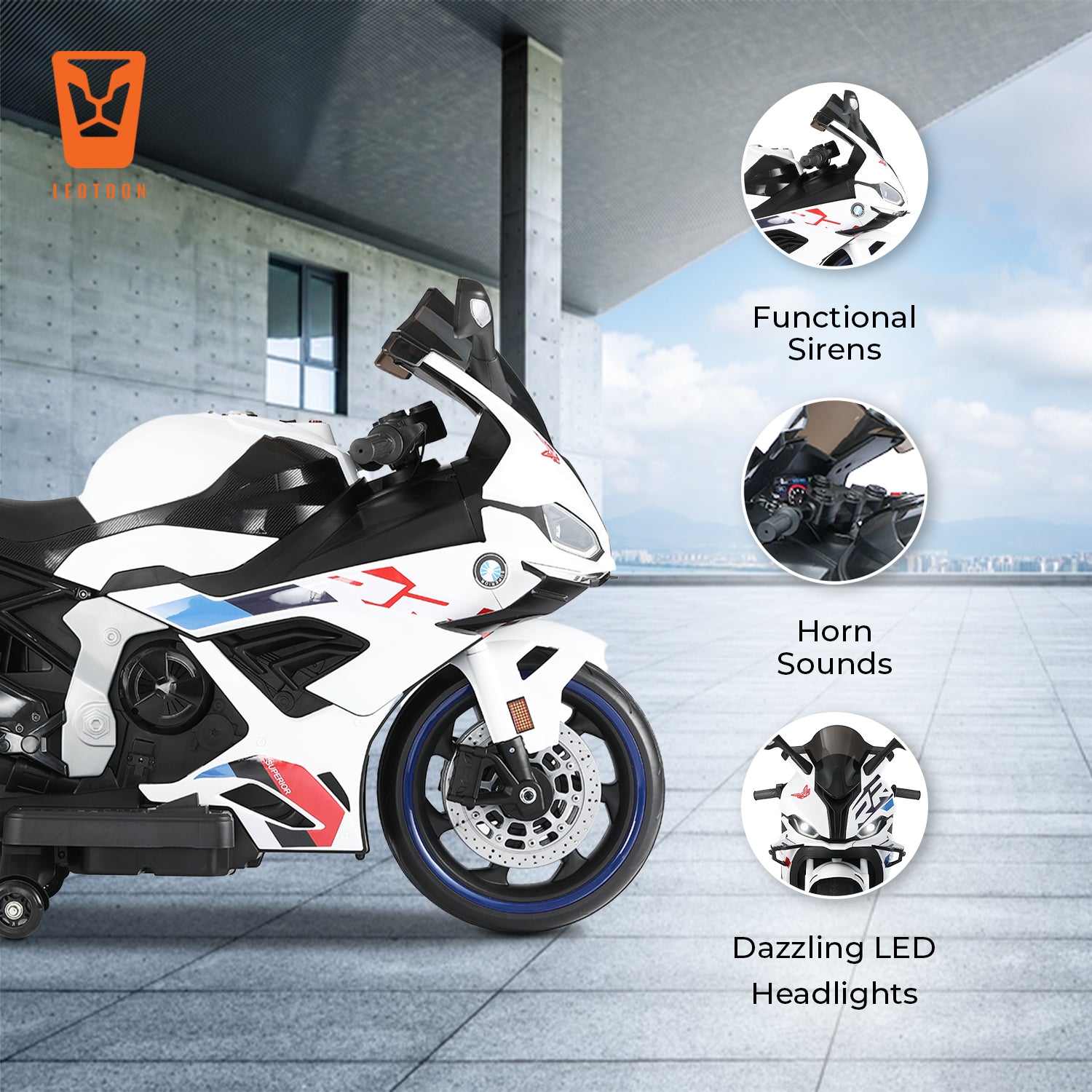 Kiddo Motorand Super Bike, Biggest Bike, 12V/8AH Battery, 45W Two Motors, Hand Accelerator, USB/MP3, English Rhymes,  LED Lit Wheels, English Music, BIS Certified, White, 3 to 12 Years