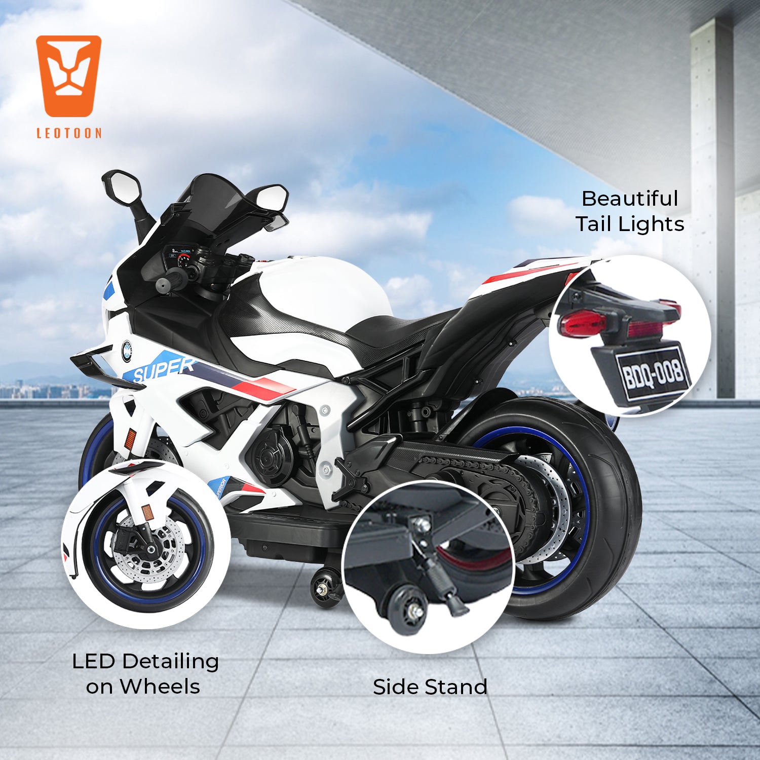 Kiddo Motorand Super Bike, Biggest Bike, 12V/8AH Battery, 45W Two Motors, Hand Accelerator, USB/MP3, English Rhymes,  LED Lit Wheels, English Music, BIS Certified, White, 3 to 12 Years