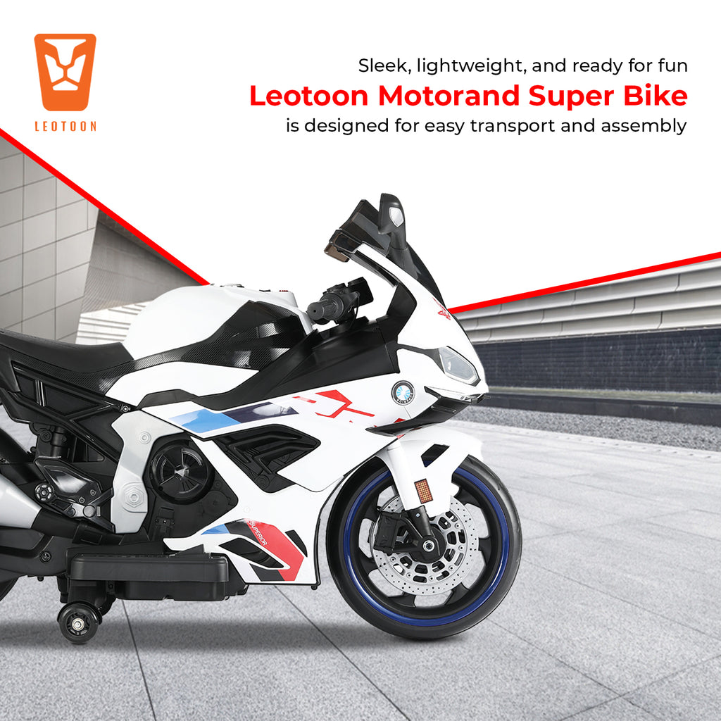 Kiddo Motorand Super Bike, Biggest Bike, 12V/8AH Battery, 45W Two Motors, Hand Accelerator, USB/MP3, English Rhymes,  LED Lit Wheels, English Music, BIS Certified, White, 3 to 12 Years