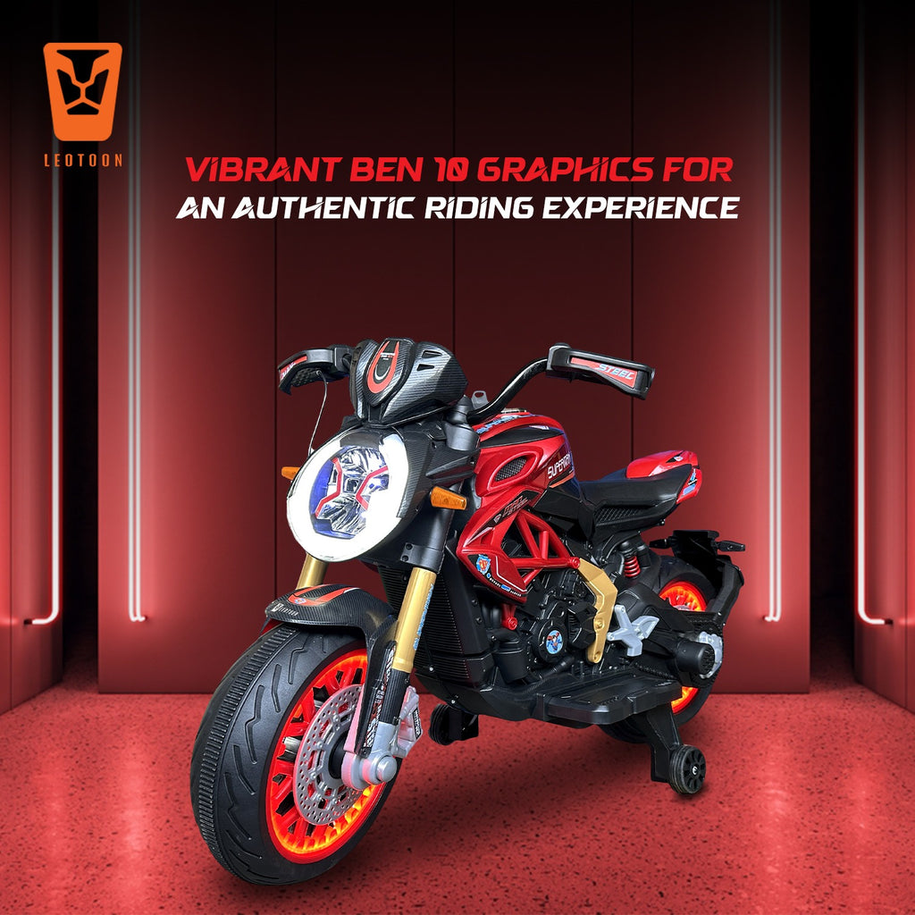 Kiddo Licensed Ben10 Bike, 12V/5AH Battery, 12V/15000 RPM 2 Motors, Hand Accelerator, Bluetooth, Key Start,  Dazzling LED Wheels, Multimedia Fun, BIS Certified, Ben10, 3 to10 Years