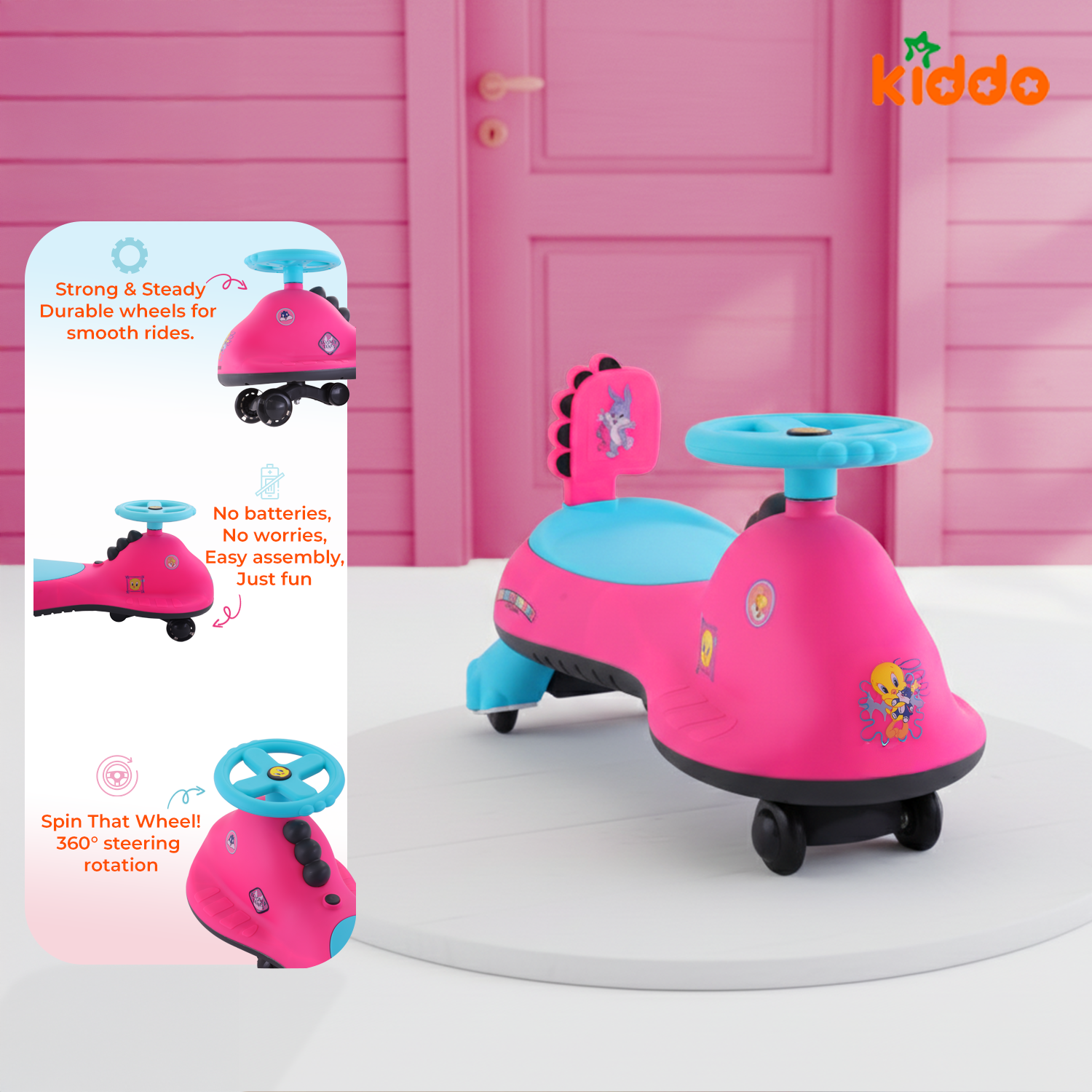 KIDDO Kids 360° Twist Ride-On Swing Car with Comfortable Seat & Non-Slip Pedal (Pink)