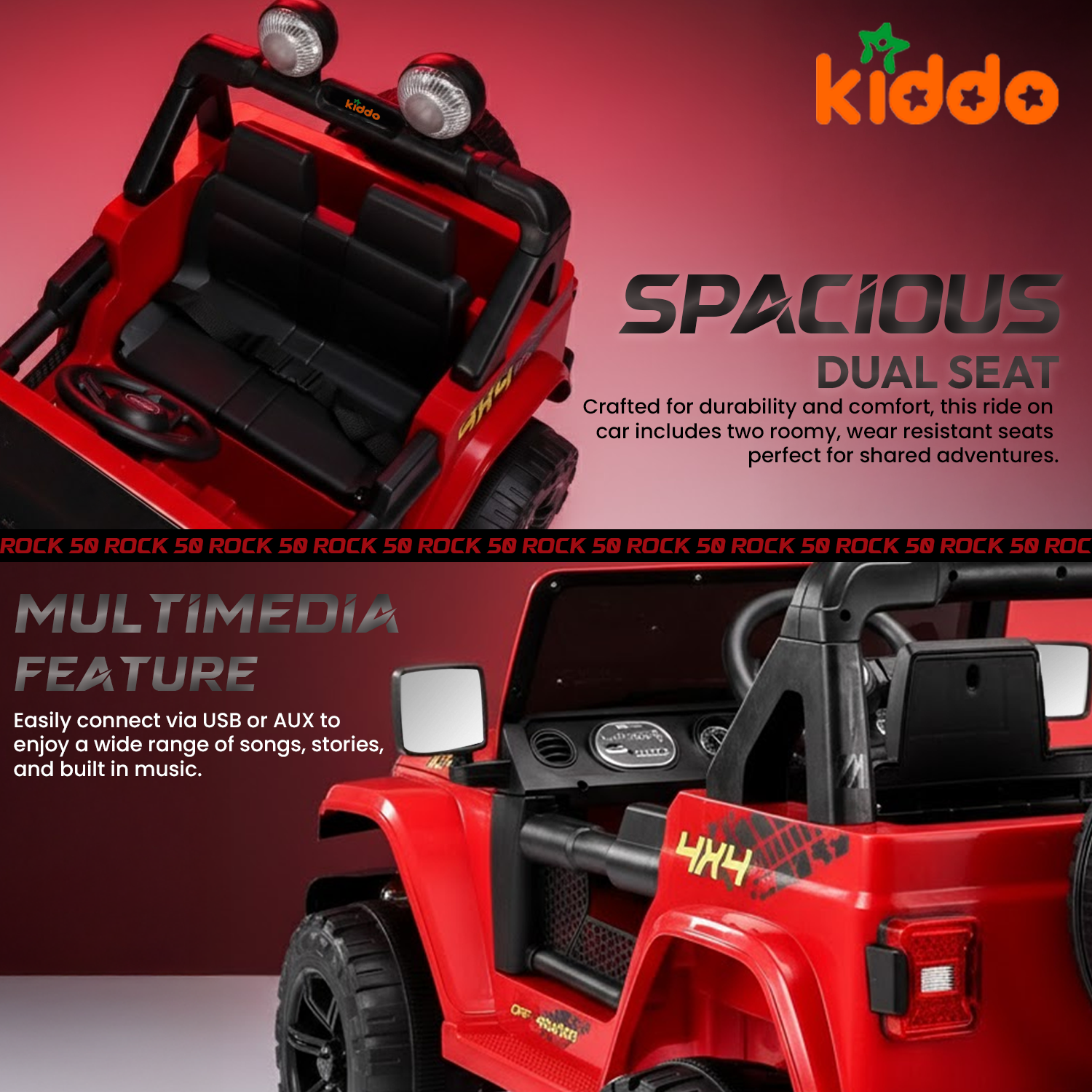 KIDDO Remote Control Ride-On Commando Jeep for Kids LED Lights & Smooth Drive (Red SUV)