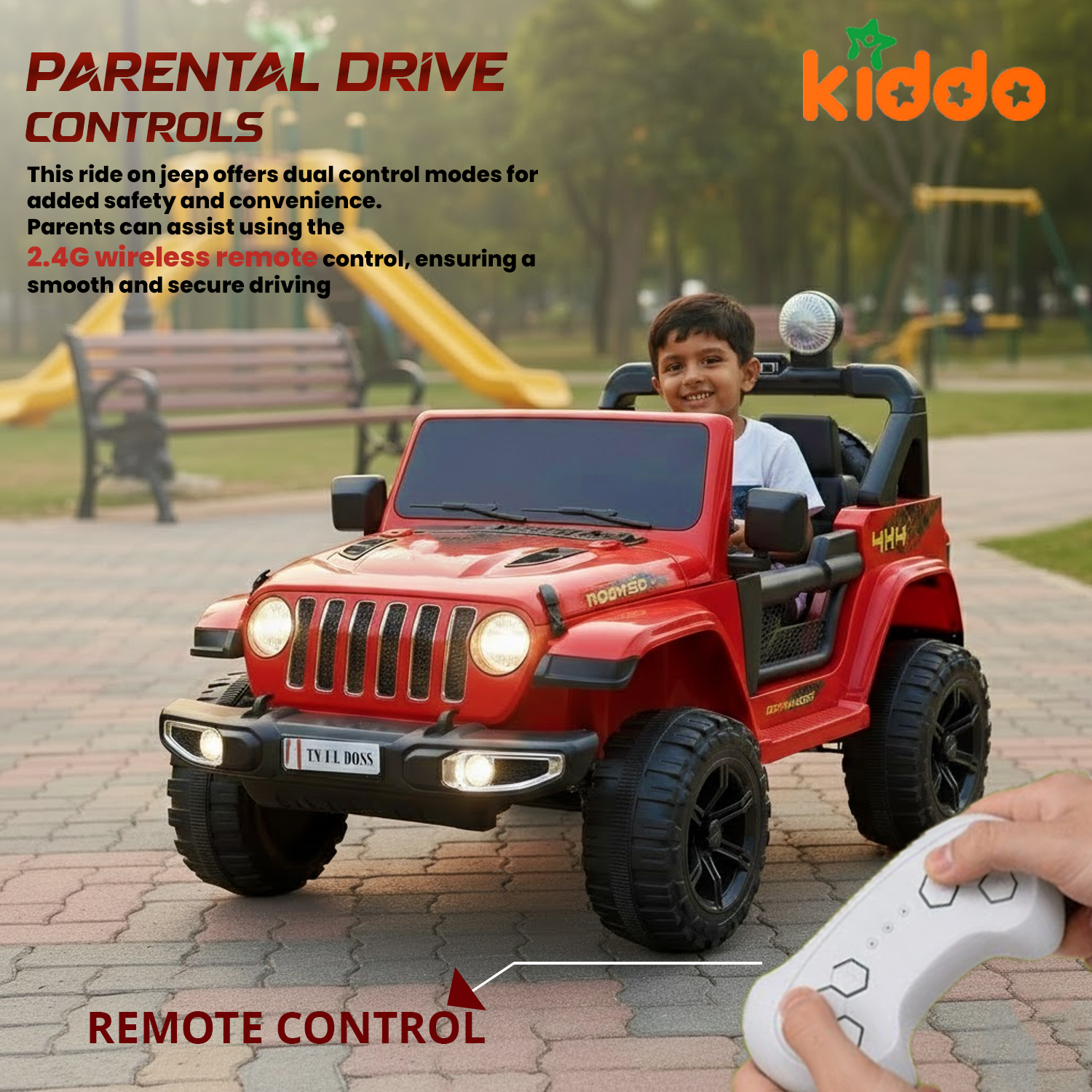 KIDDO Remote Control Ride-On Commando Jeep for Kids LED Lights & Smooth Drive (Red SUV)