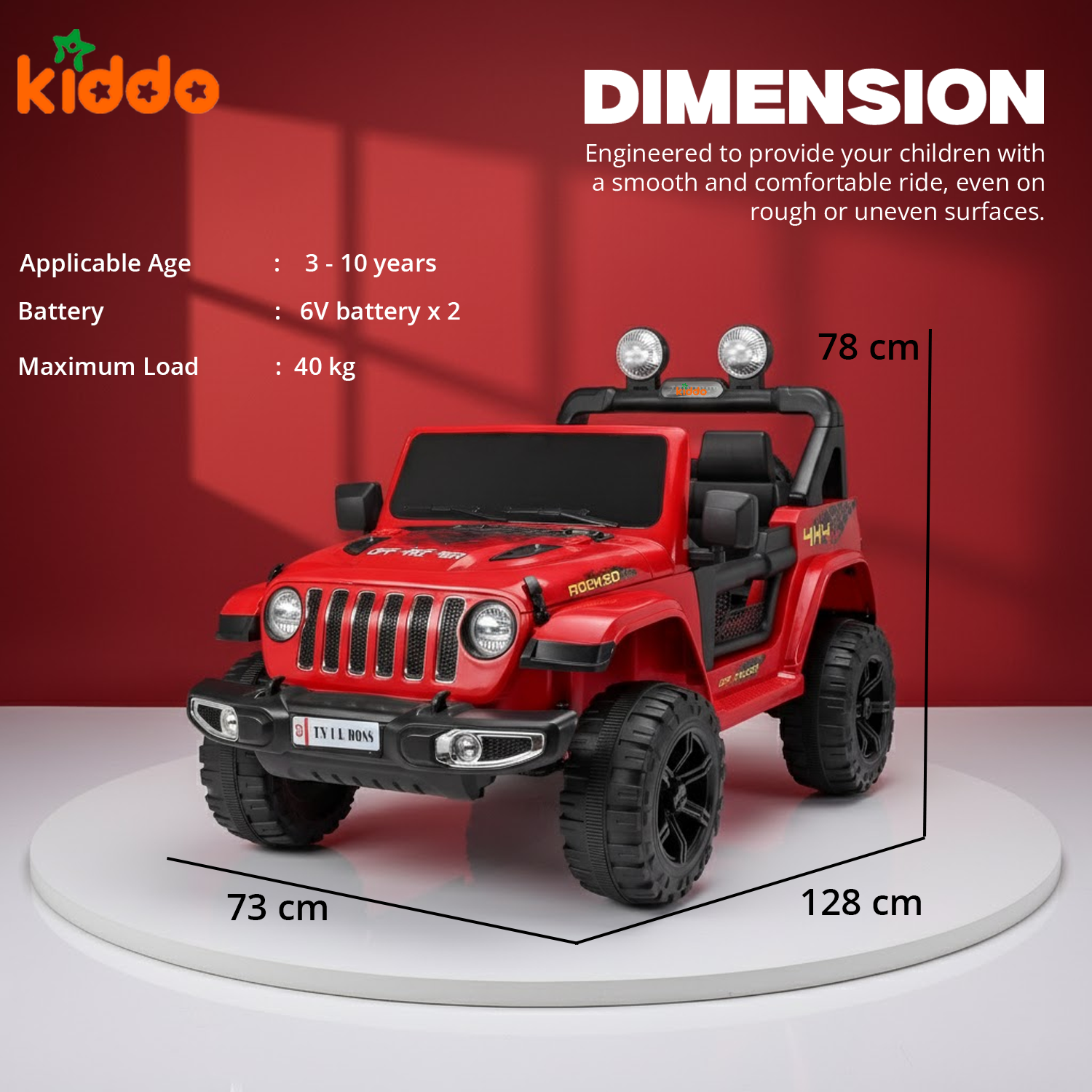 KIDDO Remote Control Ride-On Commando Jeep for Kids LED Lights & Smooth Drive (Red SUV)