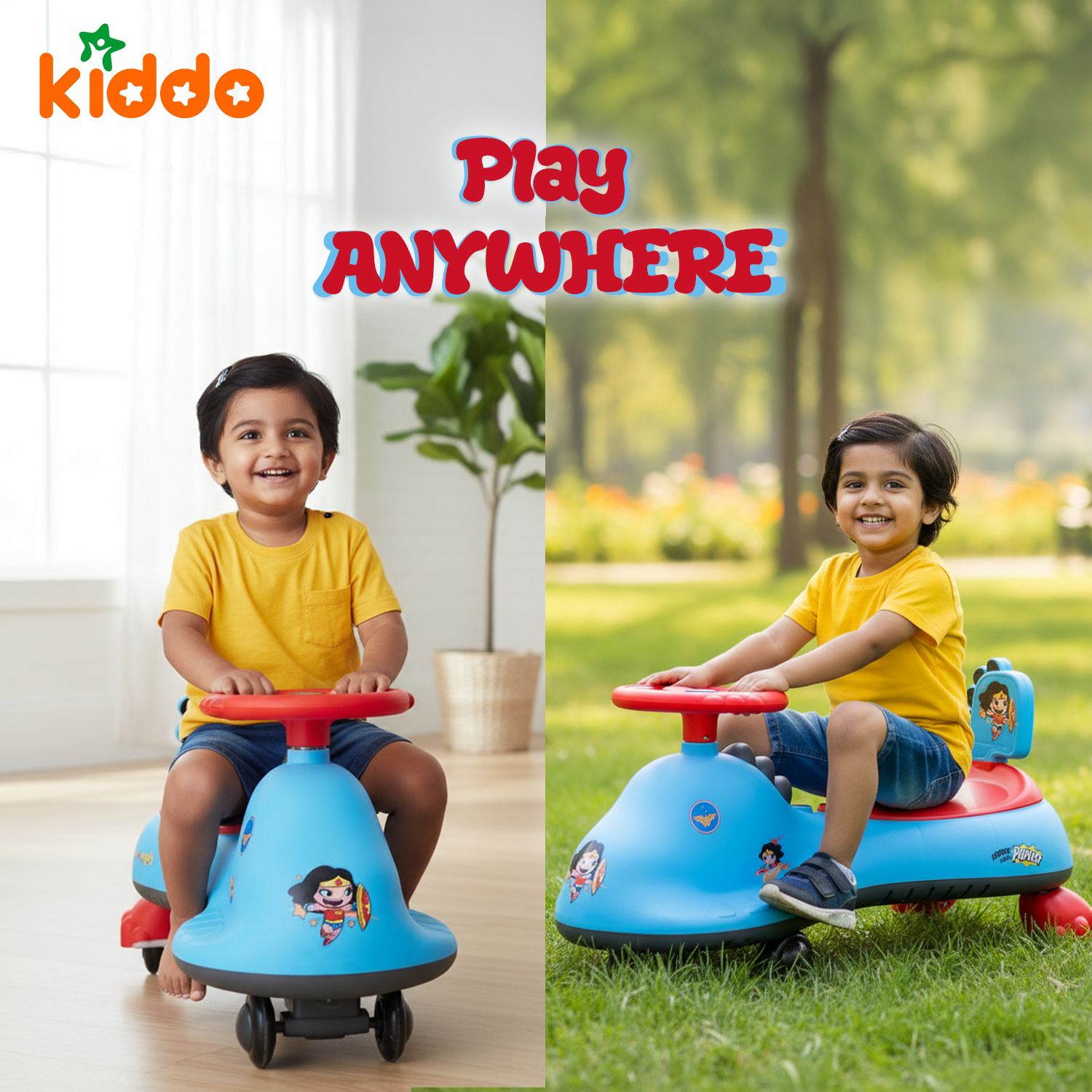 KIDDO Kids 360° Twist Ride-On Swing Car with Comfortable Seat & Non-Slip Pedal (Wonder Woman)