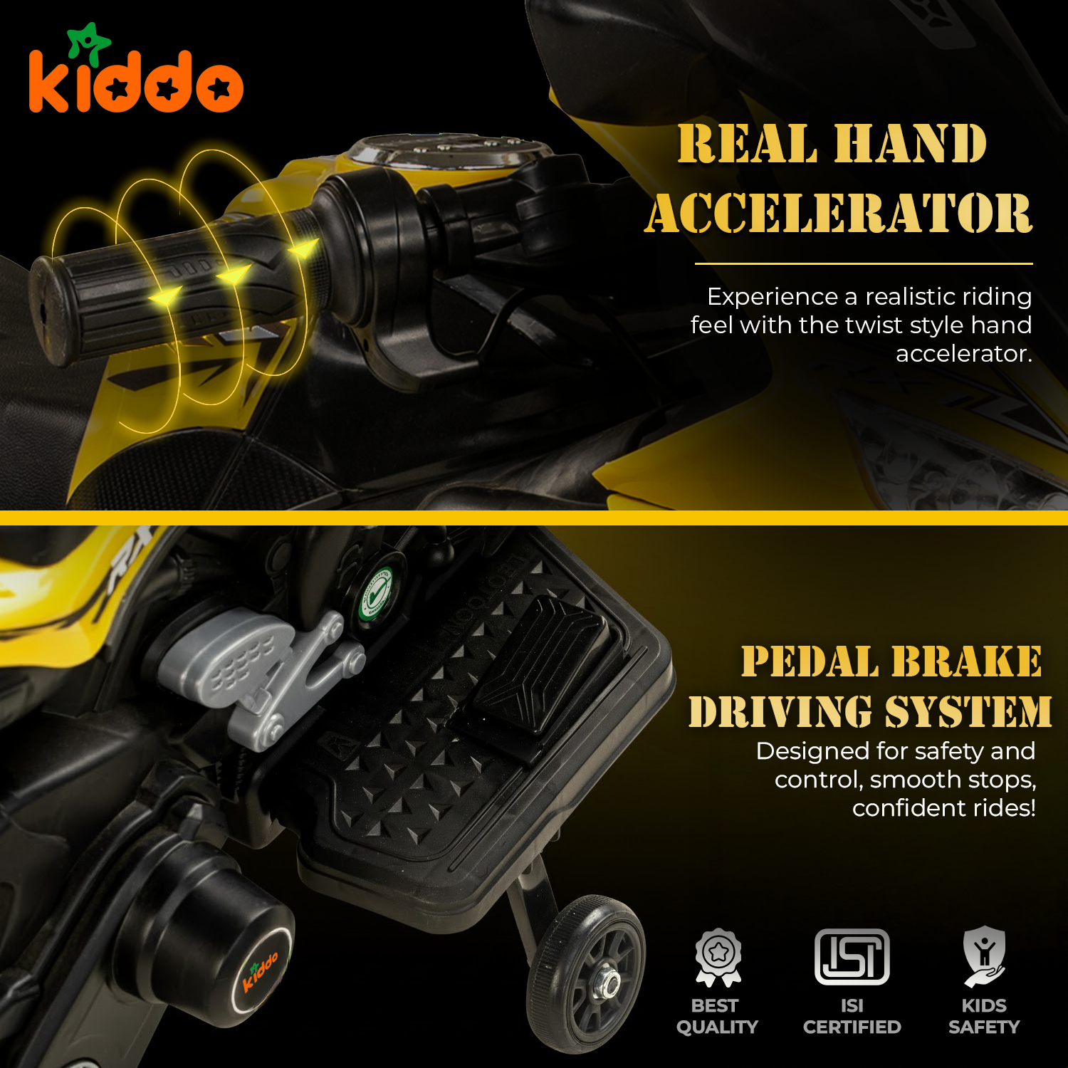 KIDDO Kids Electric Ride-On Sports Bike with LED Lights, Music & Training Wheels (Yellow)