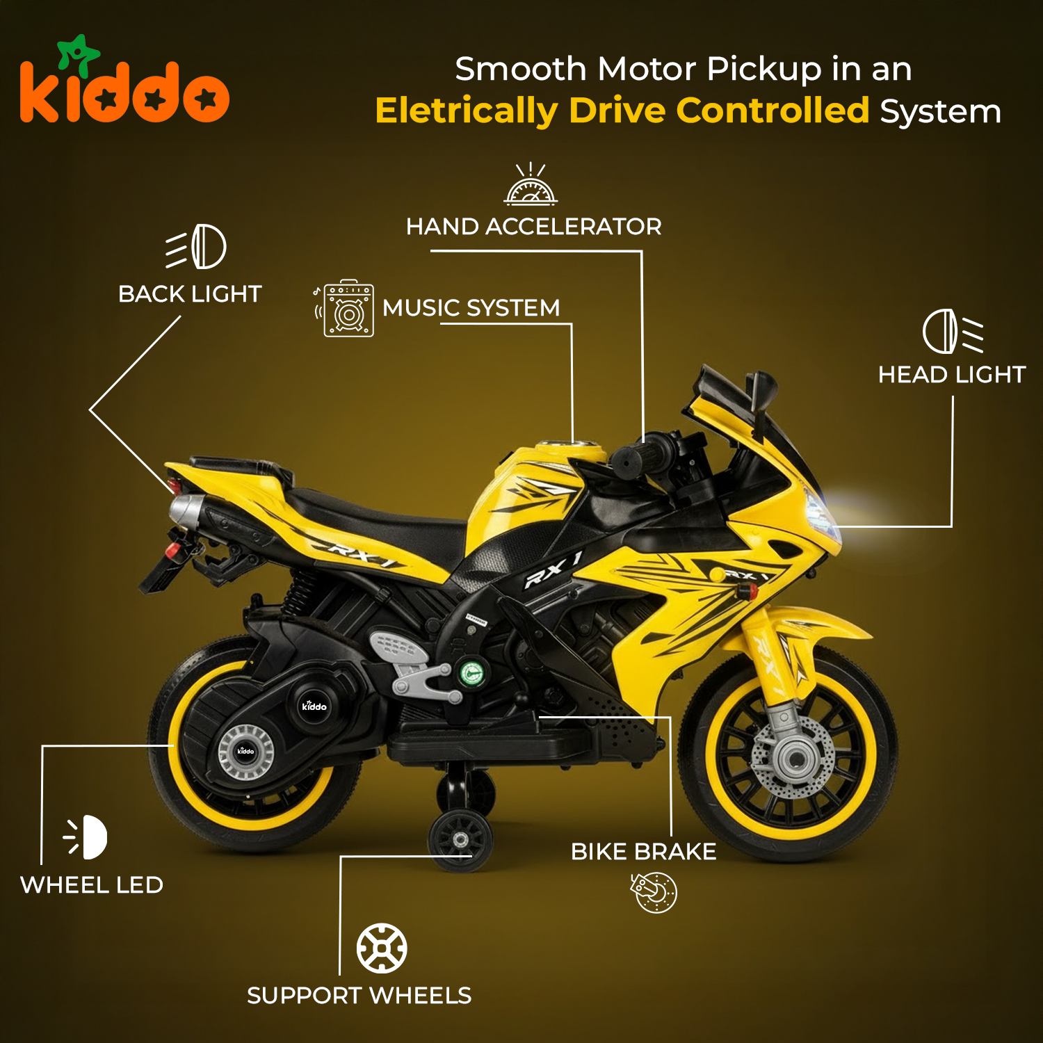 KIDDO Kids Electric Ride-On Sports Bike with LED Lights, Music & Training Wheels (Yellow)