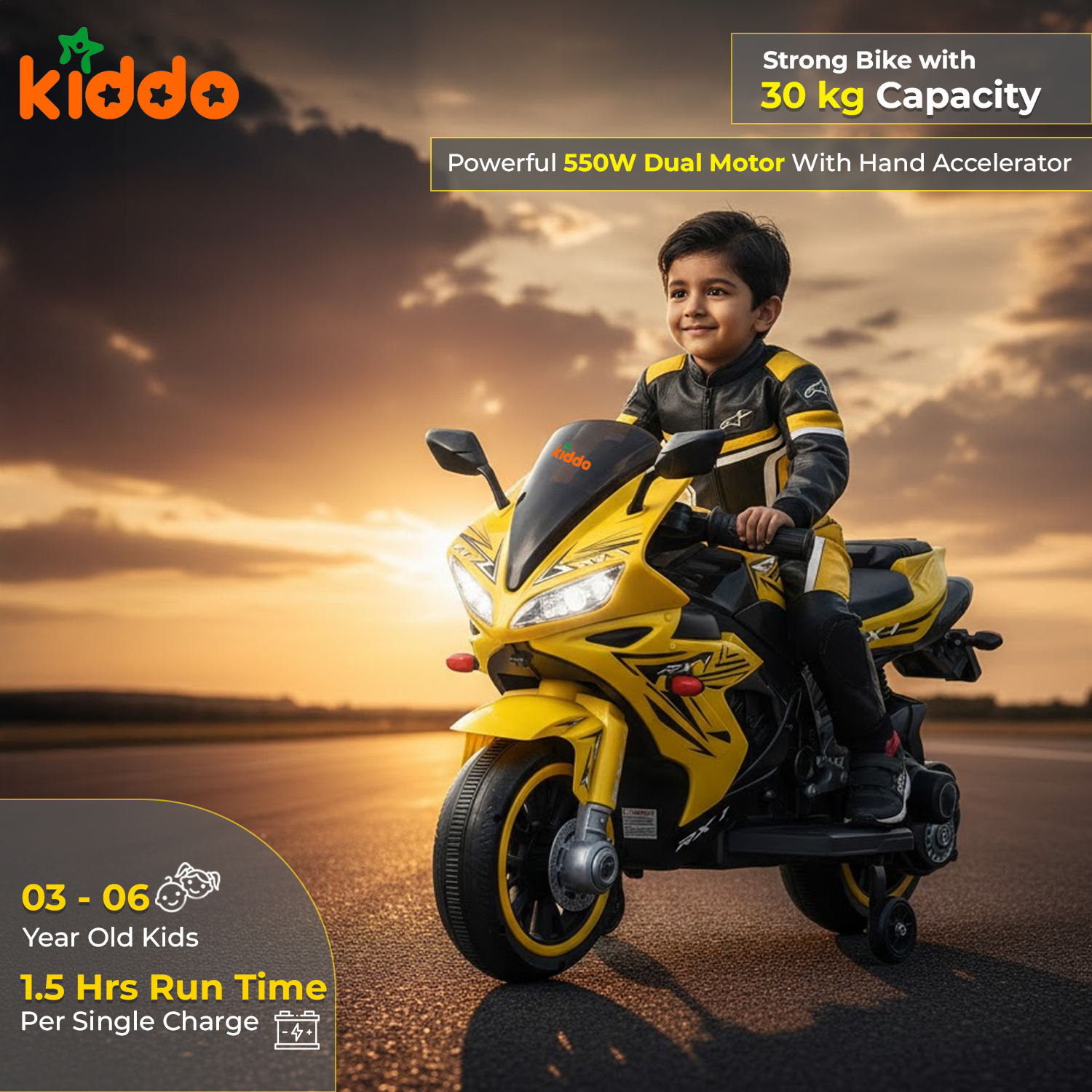 KIDDO Kids Electric Ride-On Sports Bike with LED Lights, Music & Training Wheels (Yellow)